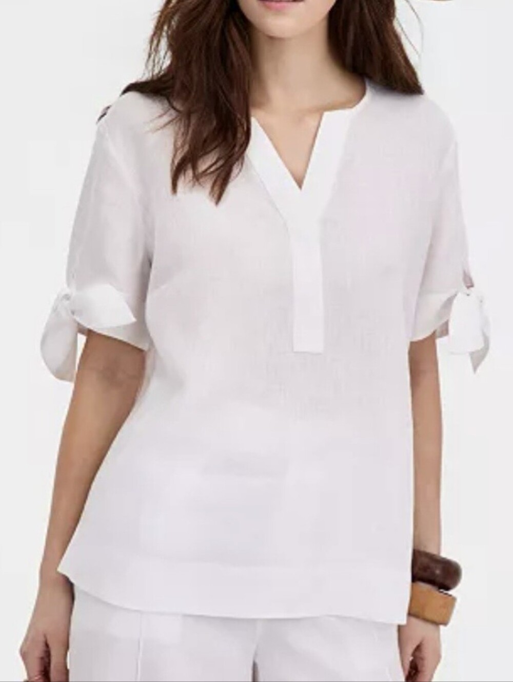 Charter Club White Linen Tie-Sleeve V-Neck Women's Top Small